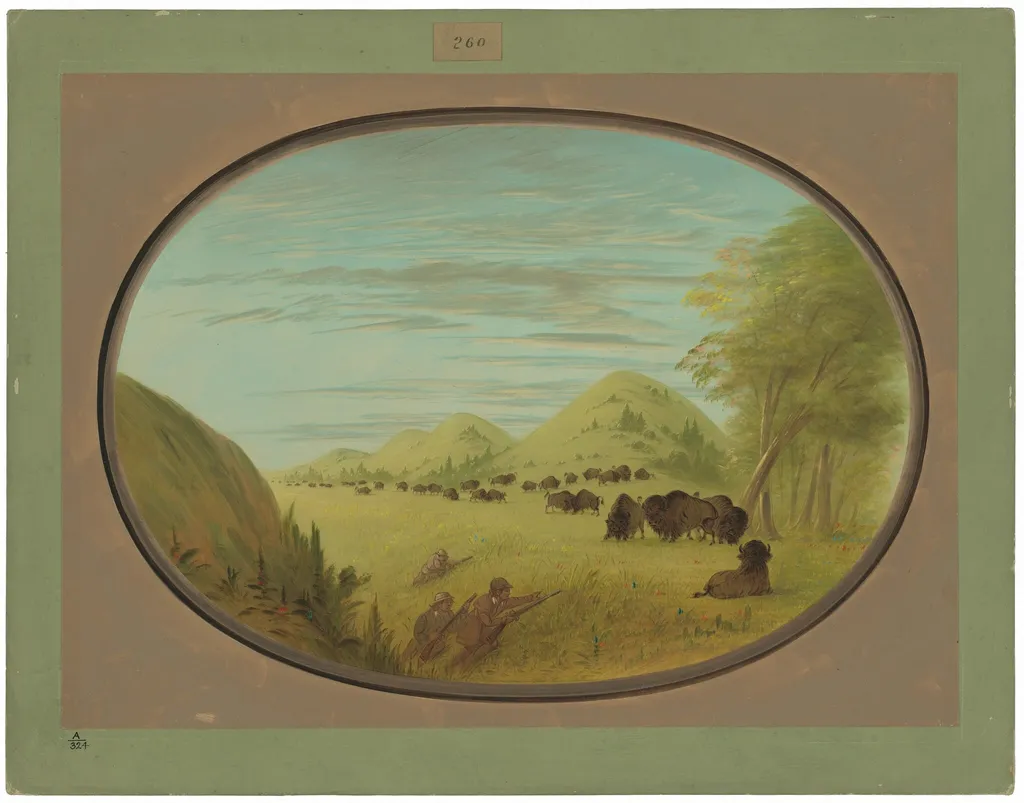 Catlin and Two Companions Shooting Buffalo, by George Catlin, oil, 1865