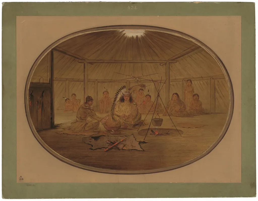 Catlin Feasted by the Mandan Chief, by George Catlin, oil, 1865
