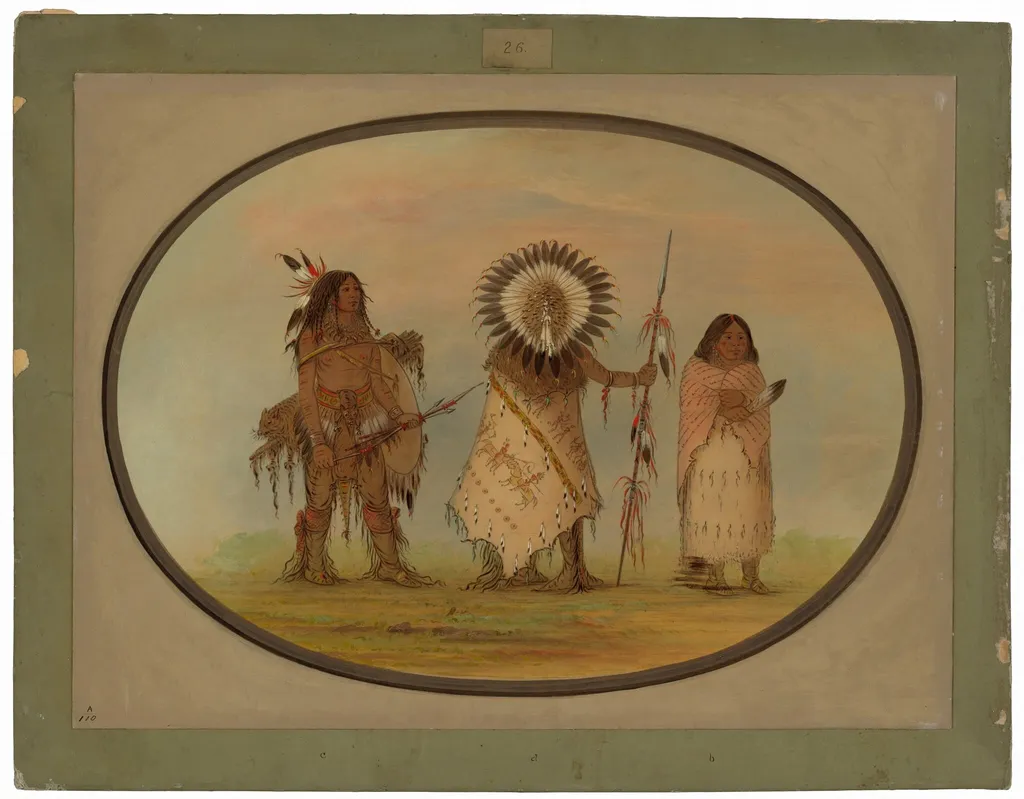 Crow Chief, His Wife, and a Warrior, by George Catlin, oil, 1865