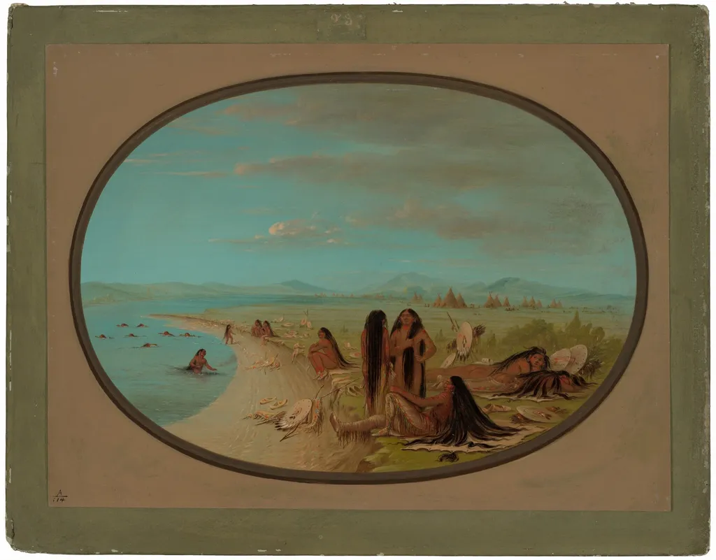 Crow Warriors Bathing, by George Catlin, oil, 1865