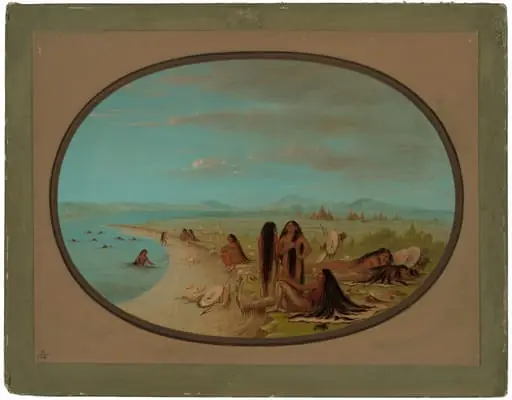 Crow Warriors Bathing, by George Catlin