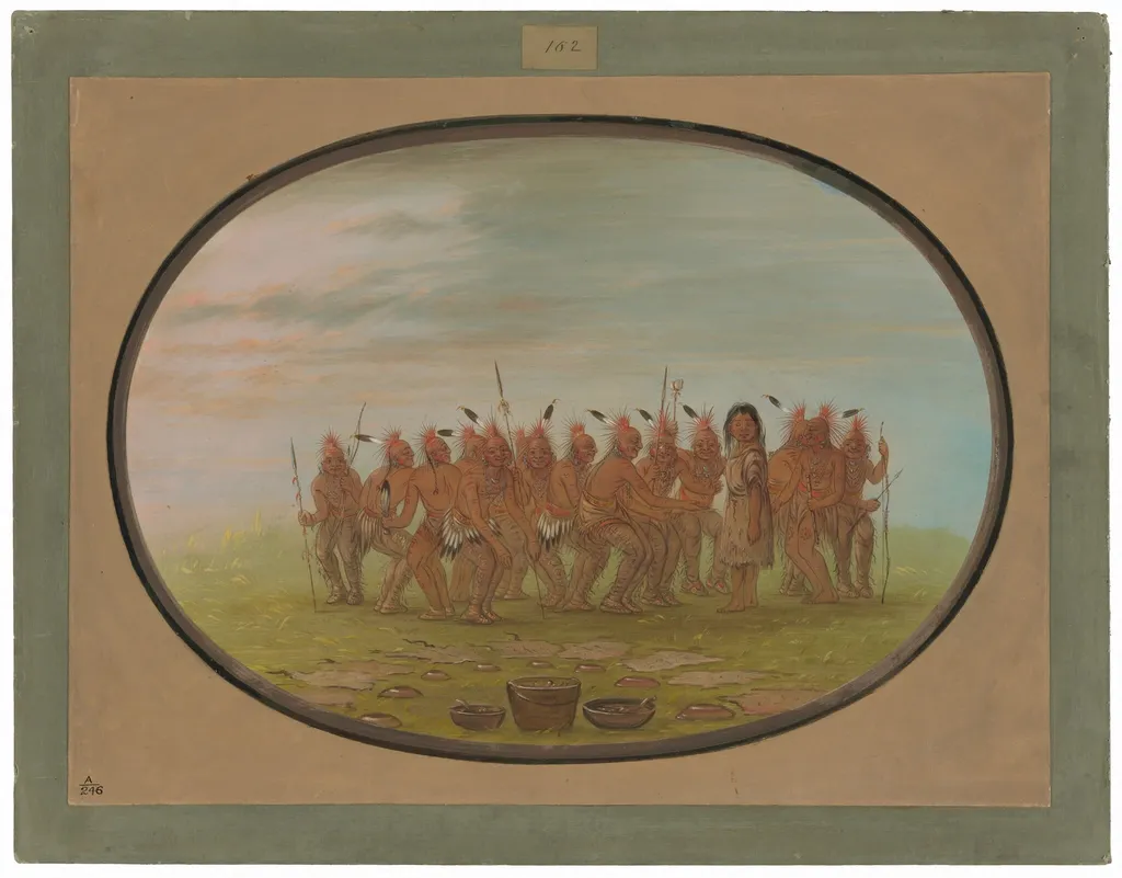 Dance to the Berdache - Saukie, by George Catlin, oil, 1865