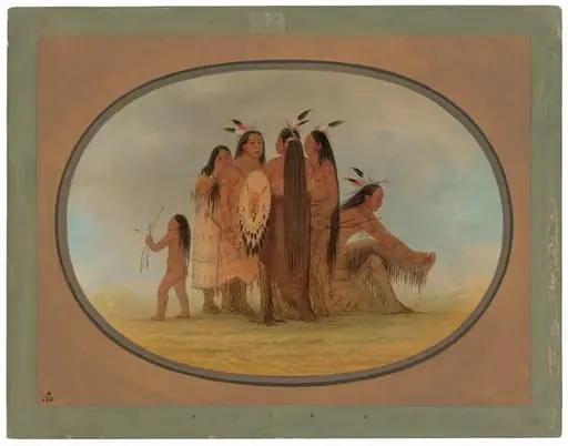Four Mandan Warriors, a Girl, and a Boy, by George Catlin