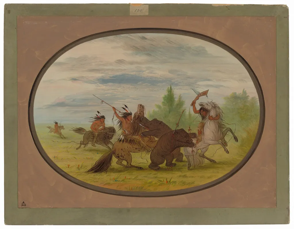 K'nisteneux Indians Attacking Two Grizzly Bears, by George Catlin, oil, 1865