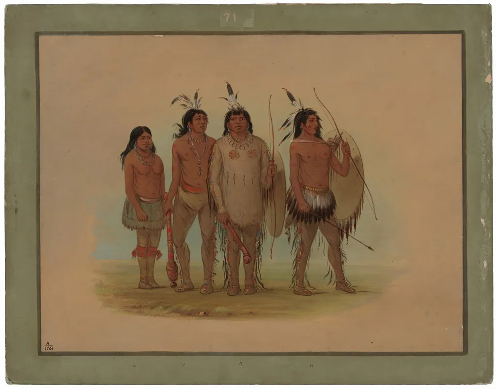 Kiowa Chief, His Wife, and Two Warriors, by George Catlin, oil, 1865