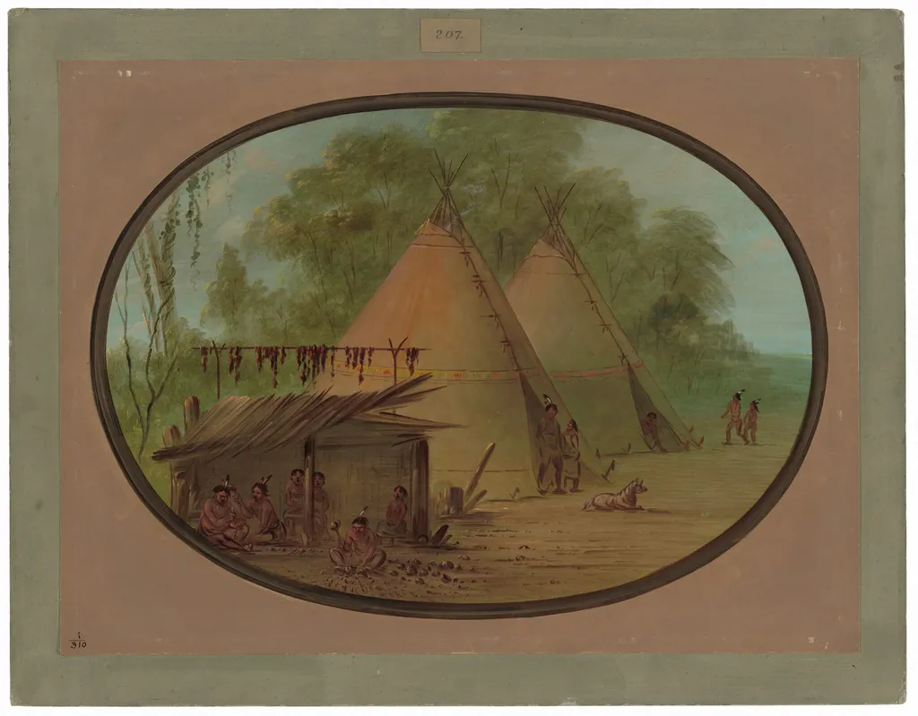 Making Flint Arrowheads - Apachees, by George Catlin, oil, 1862