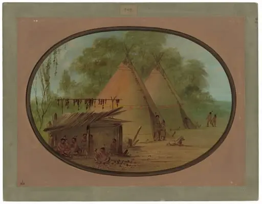 Making Flint Arrowheads - Apachees, by George Catlin