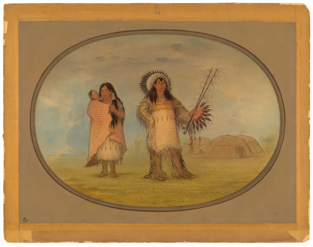 Mandan Civil Chief, His Wife, and Child, by George Catlin, oil, 1865