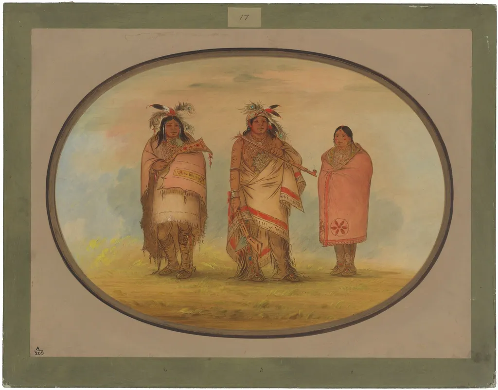 Menomonie Chief, His Wife, and Son, by George Catlin, oil, 1865