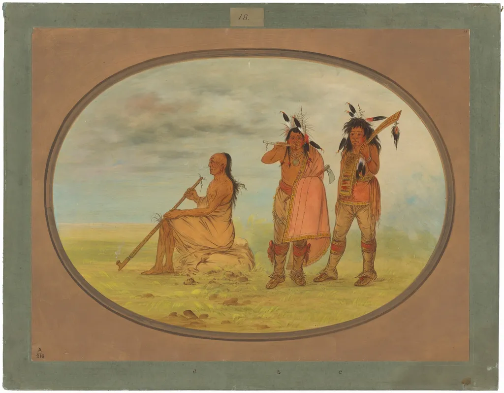Old Menomonie Chief with Two Young Beaux, by George Catlin, oil, 1865