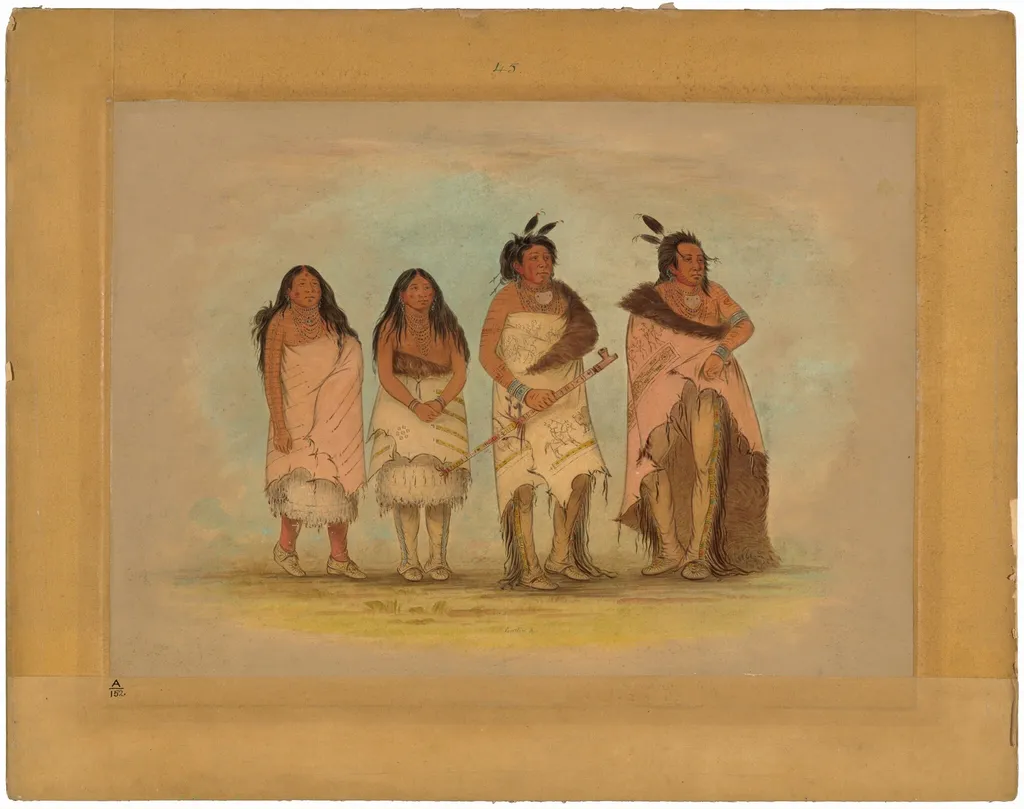 Pawneepict Chief, Two Daughters, and a Warrior, by George Catlin, oil, 1865