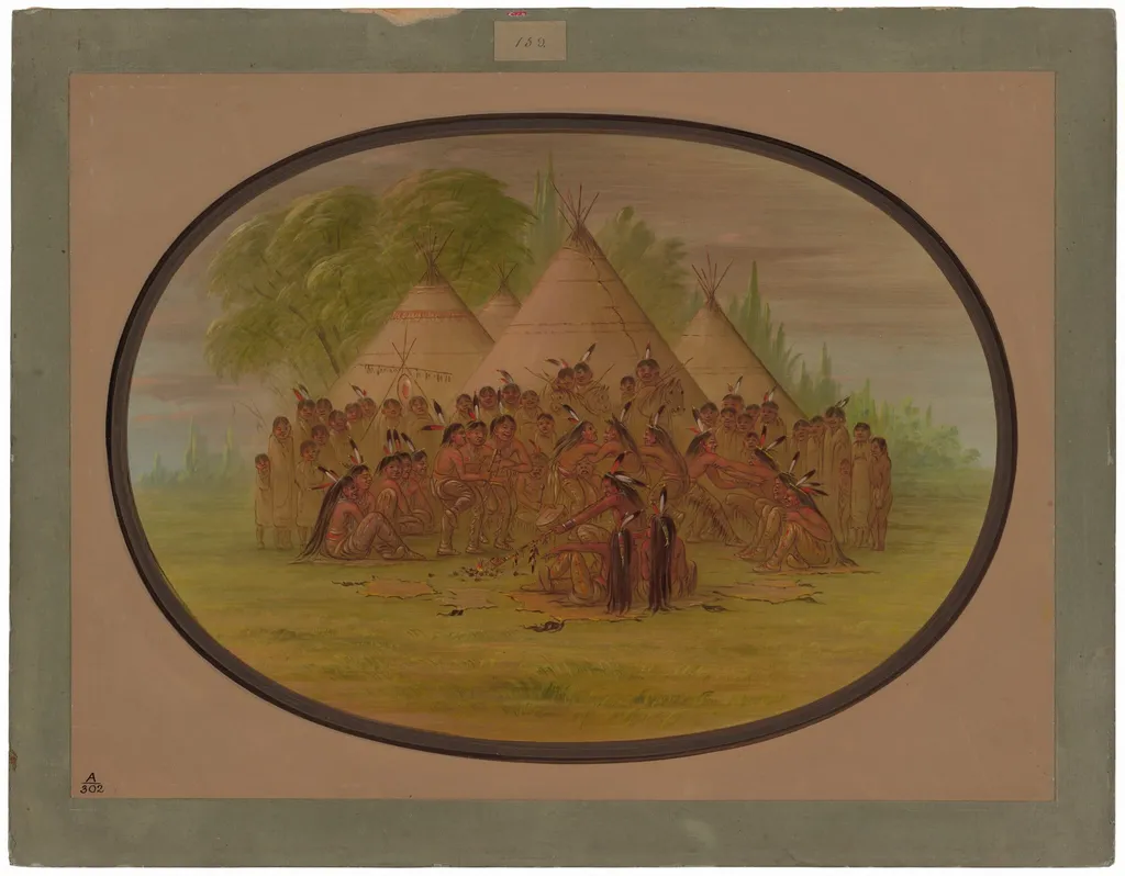 Pipe Dance - Assinneboine, by George Catlin, oil, 1865