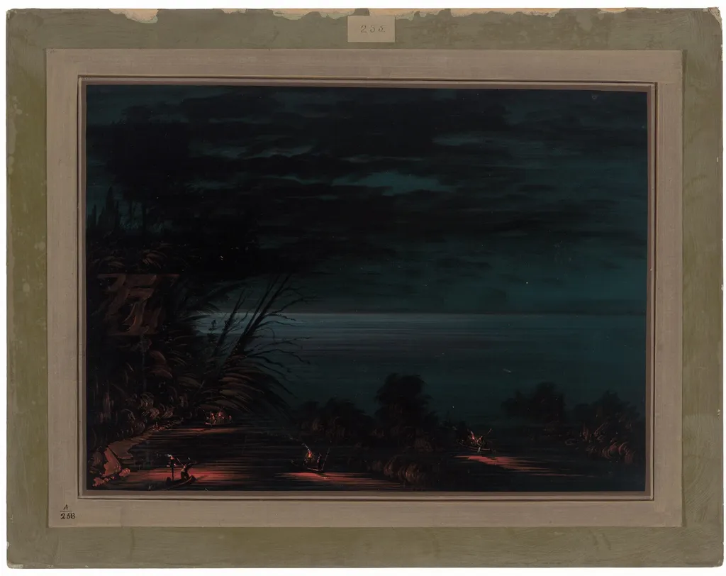 Salmon Spearing - Ottowas, by George Catlin, oil, 1865