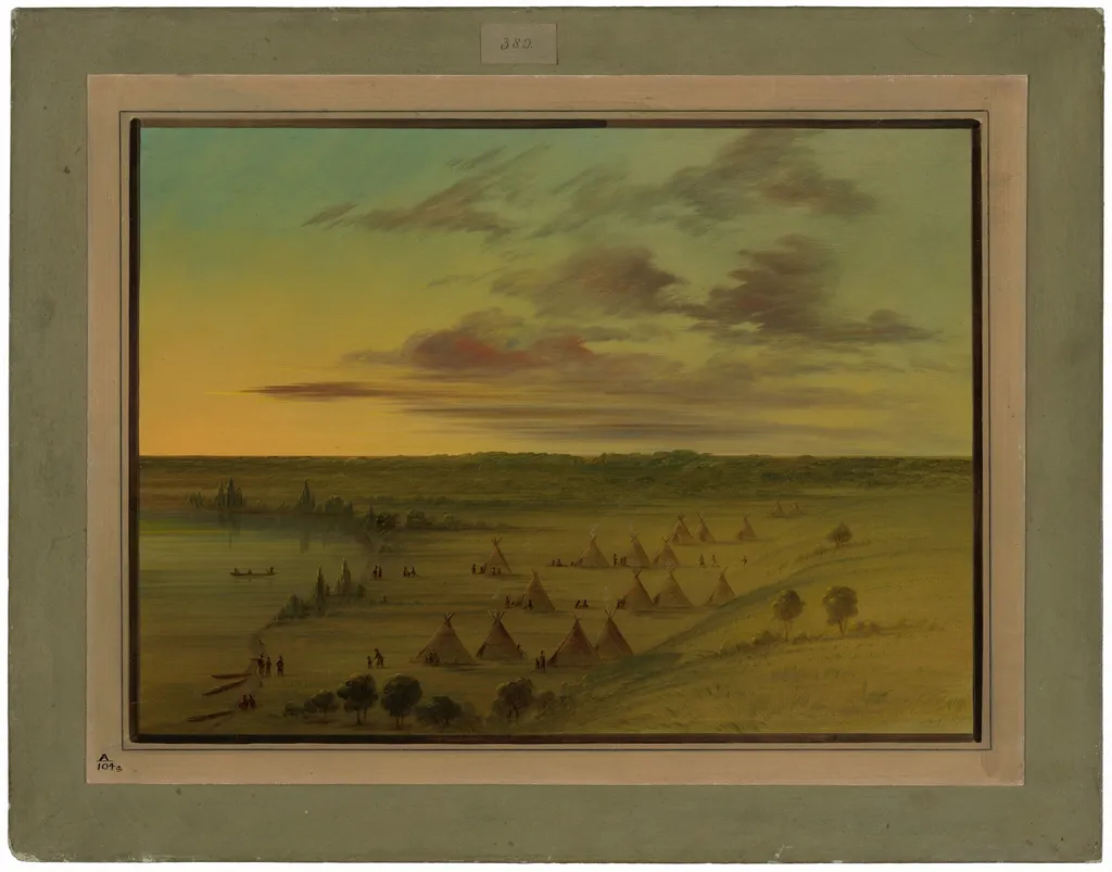 Sioux Village - Lac du Cygne, by George Catlin, oil, 1865