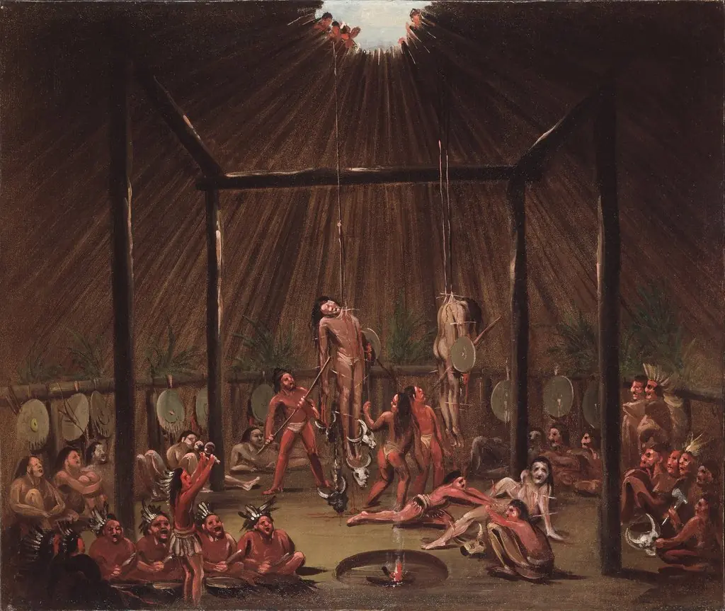 The Cutting Scene, Mandan O-kee-pa Ceremony, by George Catlin