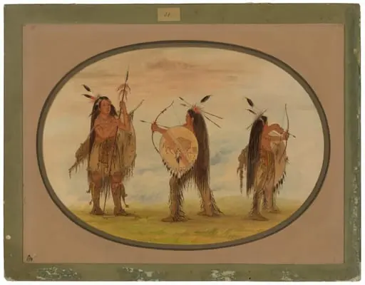 Three Mandan Warriors Armed for War, by George Catlin