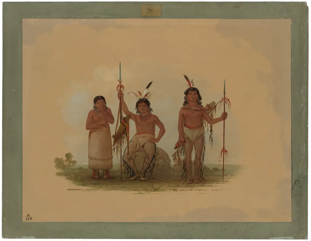 Two Arapaho Warriors and a Woman, by George Catlin, oil, 1865