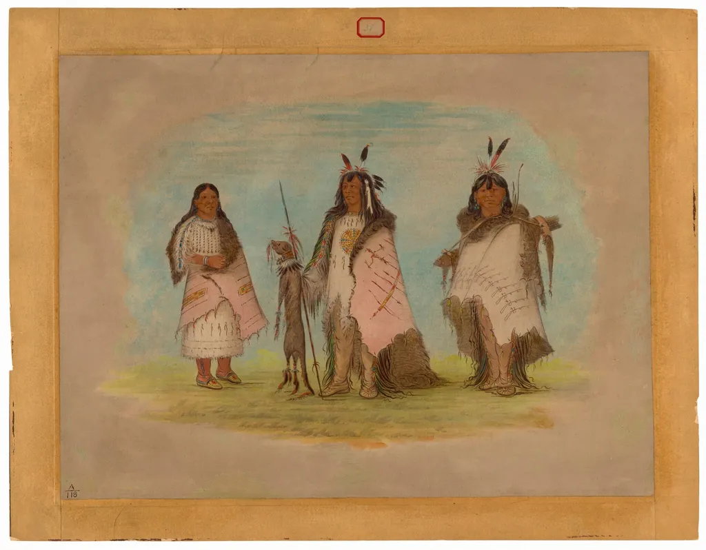 Two Blackfoot Warriors and a Woman, by George Catlin, oil, 1865