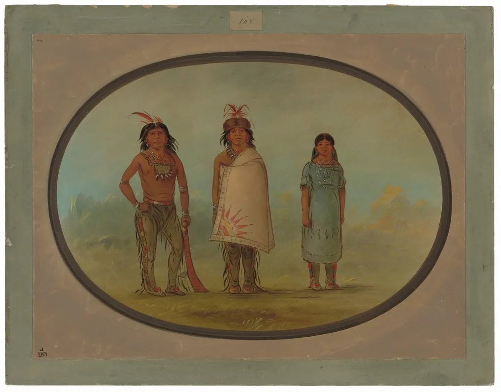 Two Chippewyan Warriors and a Woman, by George Catlin, oil, 1862