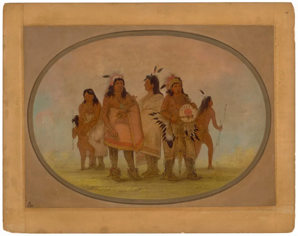 Two Sioux Chiefs, a Medicine Man, and a Woman with a Child, by George Catlin, oil, 1865