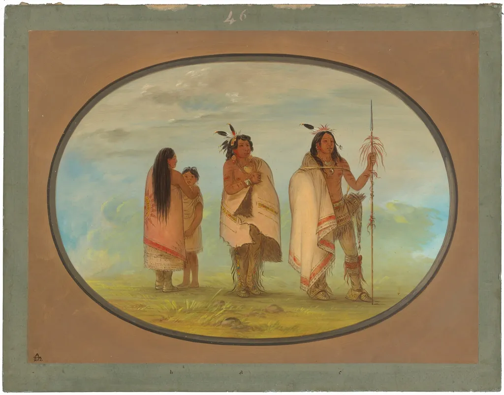 Weeco Chief, His Wife, and a Warrior, by George Catlin, oil, 1865