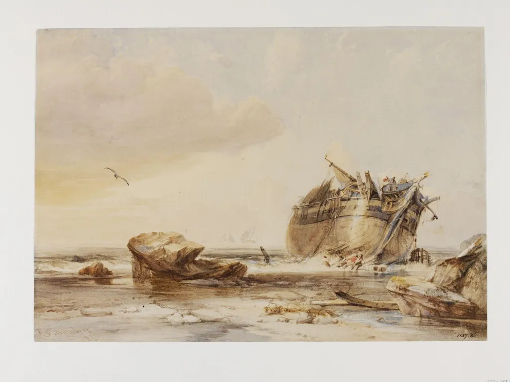 Rocky Shore with Dismantled Vessel, by George Chambers, watercolor, 1838