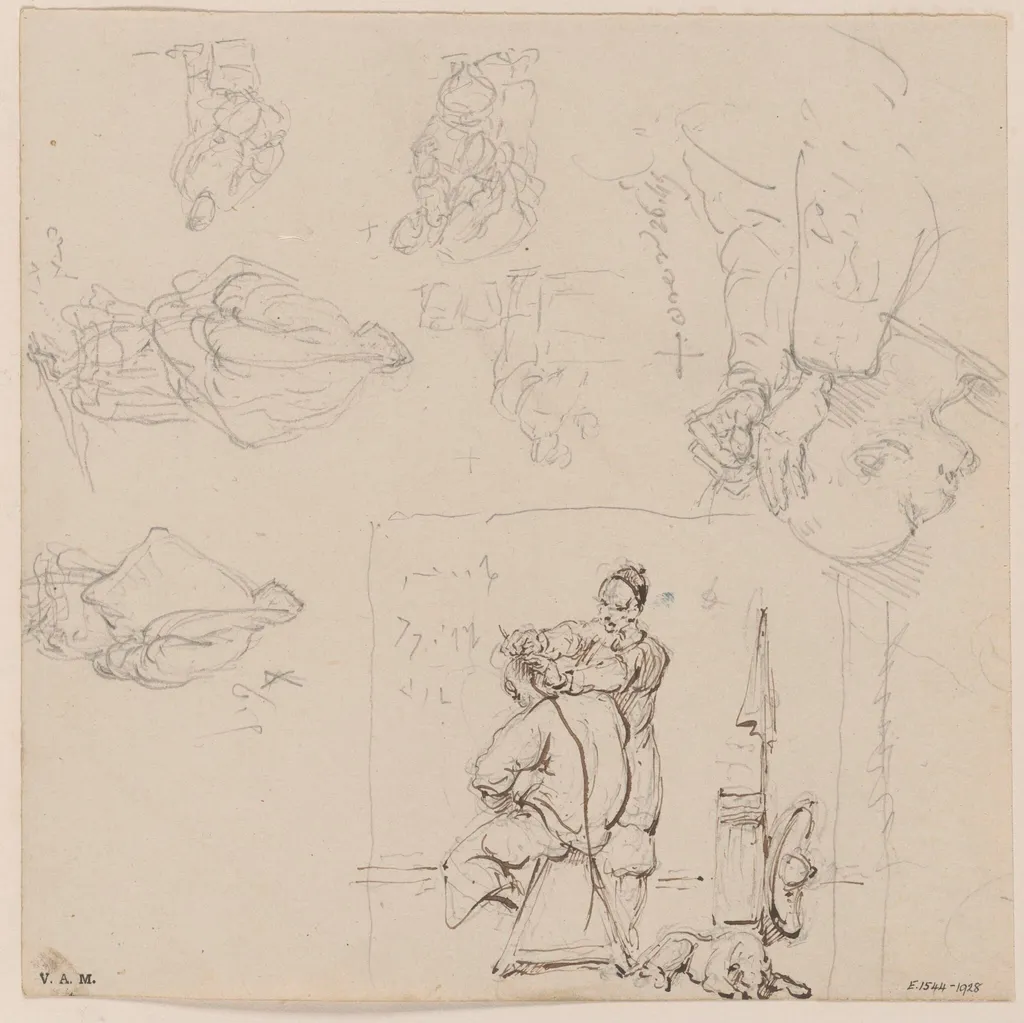 A barber and customer, and other figure sketches, by George Chinnery, 14