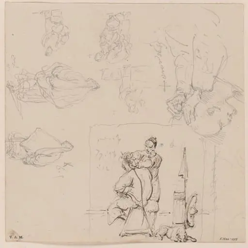 A barber and customer, and other figure sketches, by George Chinnery