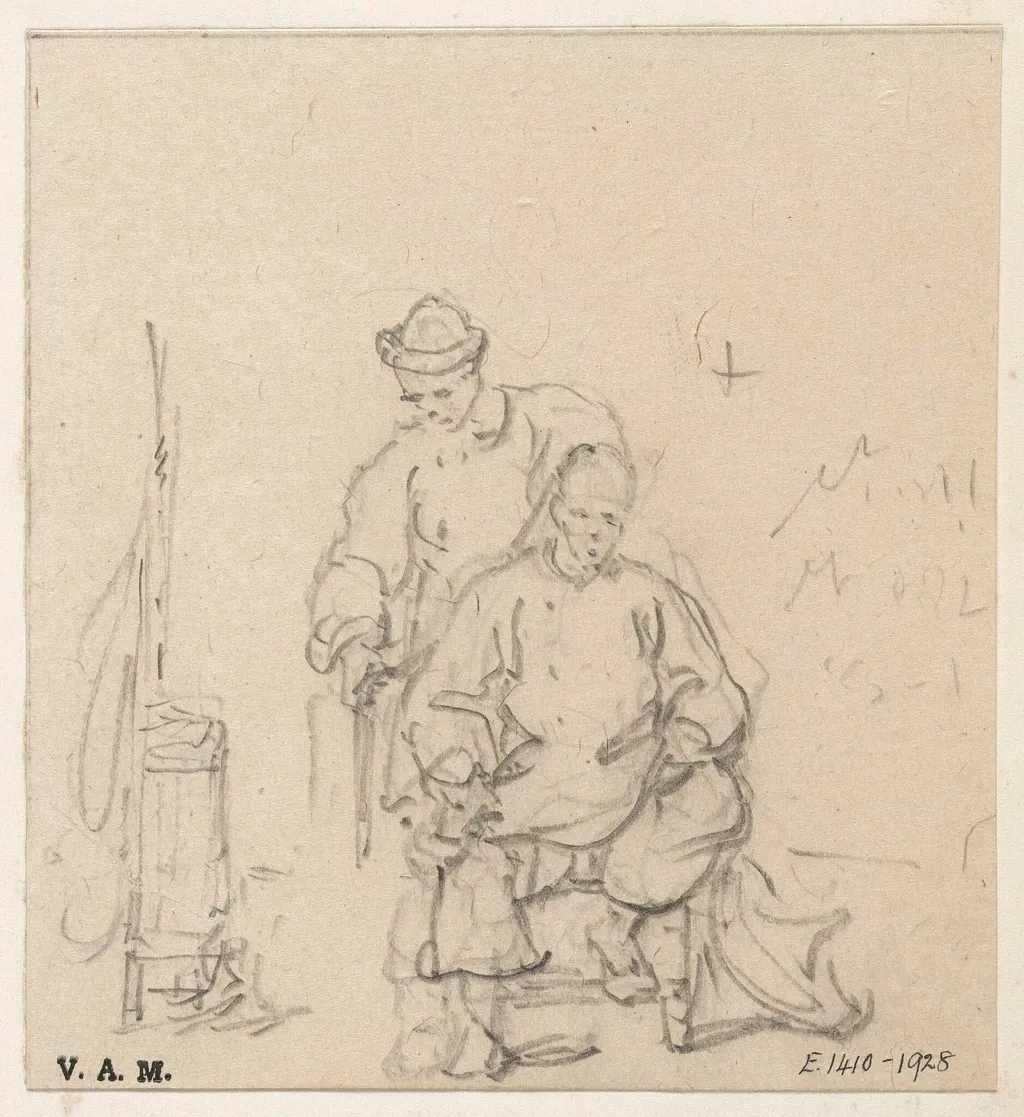 A barber standing behind his customer, by George Chinnery, 19
