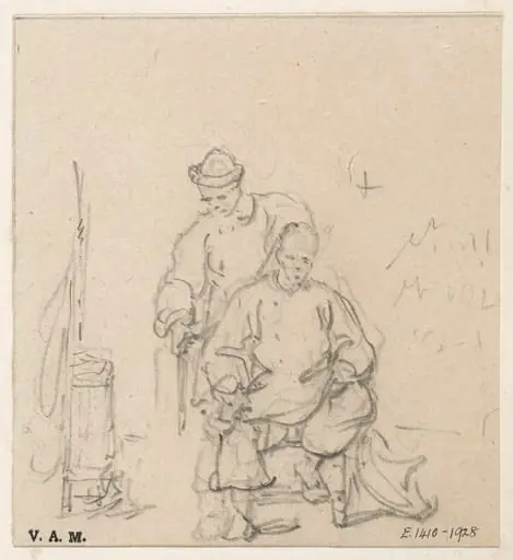 A barber standing behind his customer, by George Chinnery
