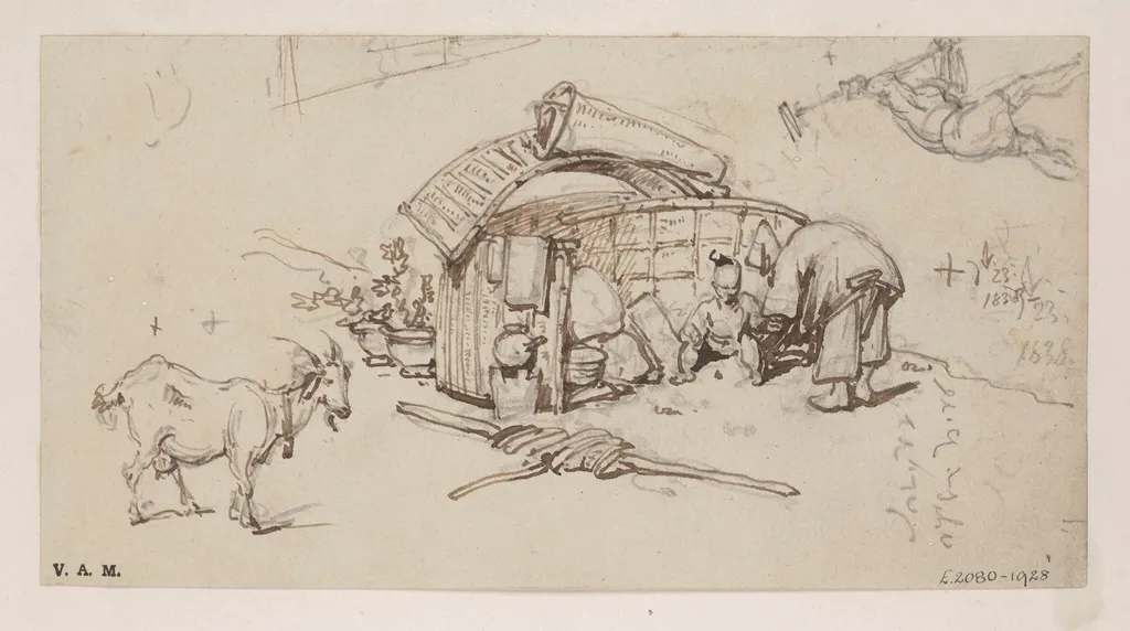 A beached Tanka boat adapted as a dwelling, by George Chinnery, 12