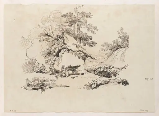 A Bengal landscape with a village dwelling, by George Chinnery