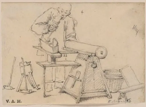 A blacksmith lighting a pipe from his furnace, by George Chinnery
