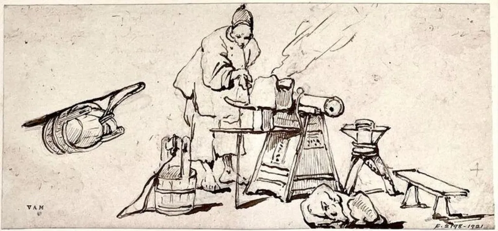 A blacksmith with his eqipment and a sleeping dog, by George Chinnery, 19