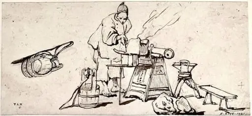 A blacksmith with his eqipment and a sleeping dog, by George Chinnery