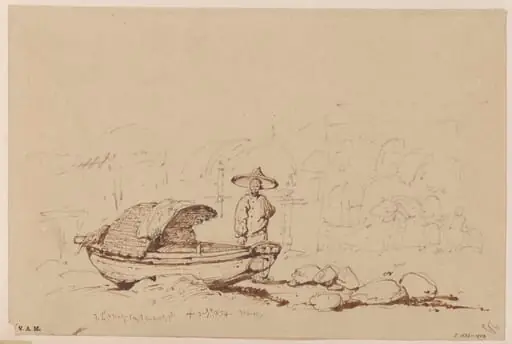 A boatman beside a beached Tanka boat, by George Chinnery