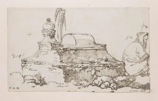 A boatwoman and a goat and kids by a Chinese tomb, by George Chinnery