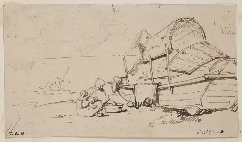 A boatwoman and child beside a beached Tanka boat, by George Chinnery, 12