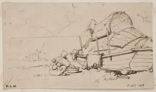 A boatwoman and child beside a beached Tanka boat, by George Chinnery