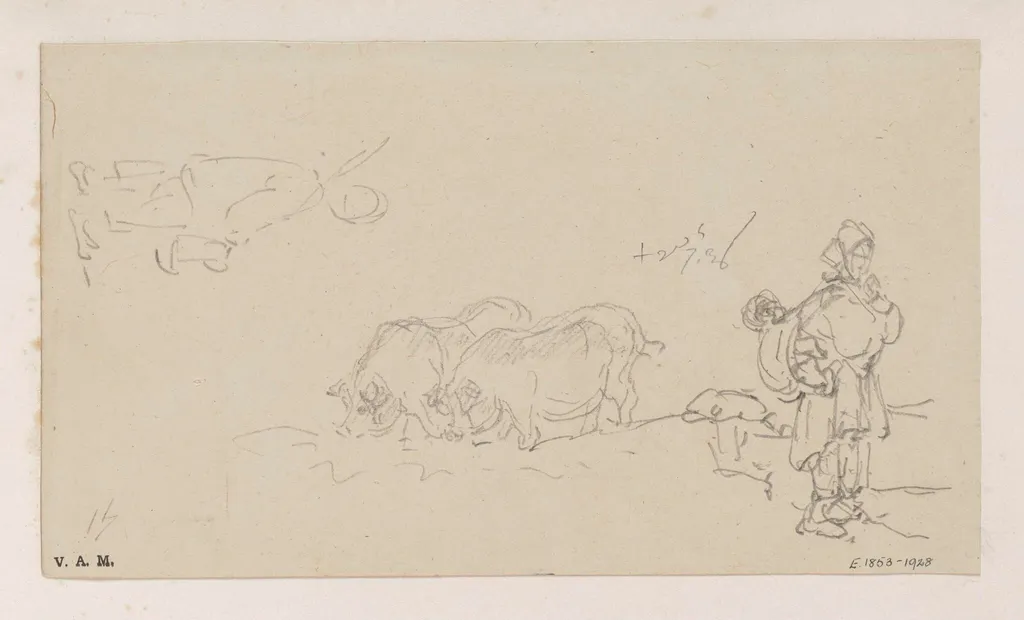A boatwoman and child, two pigs, and a figure in outline, by George Chinnery, 5