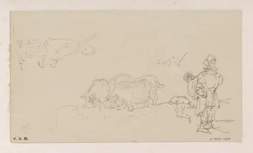 A boatwoman and child, two pigs, and a figure in outline, by George Chinnery