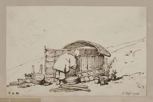 A boatwoman entering a beach dwelling, by George Chinnery