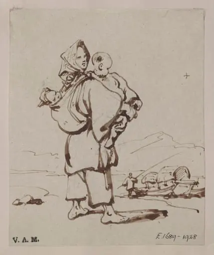 A boatwoman holding two children, by George Chinnery