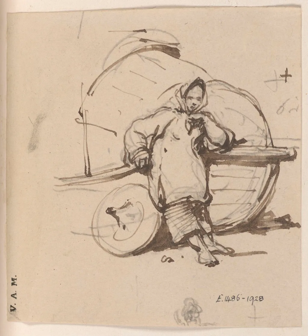 A boatwoman leaning against a beached Tanka boat, by George Chinnery, 19
