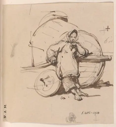 A boatwoman leaning against a beached Tanka boat, by George Chinnery