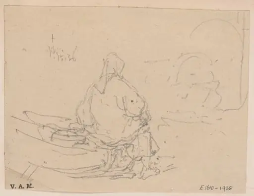 A boatwoman sitting on a beached boat, by George Chinnery