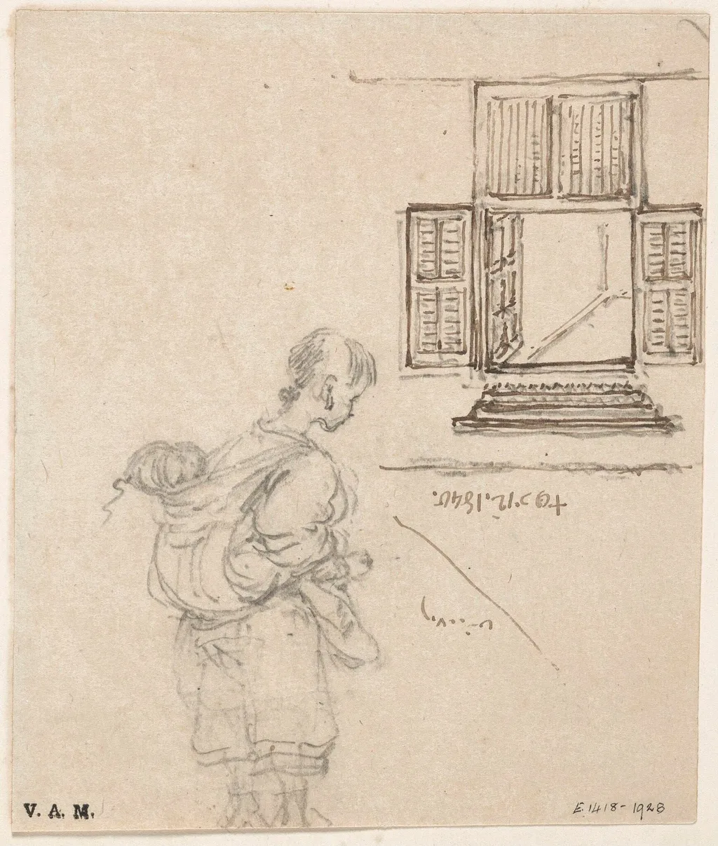 A boatwoman with a child on her back, and a window with shutters opened, by George Chinnery, 8
