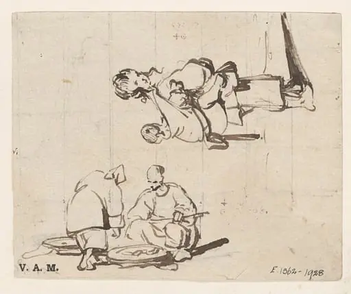 A boatwoman with a vendor, and a boatwoman with a child, by George Chinnery