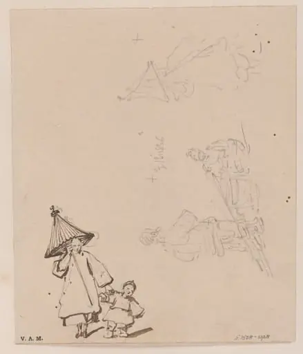 A boatwoman with child and parasol, and a porter, by George Chinnery