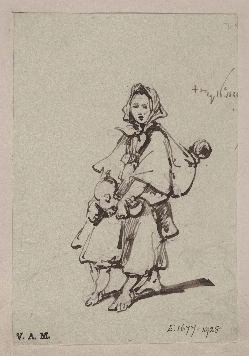 A boatwoman with two children, one of them strapped to her back, by George Chinnery, 1834